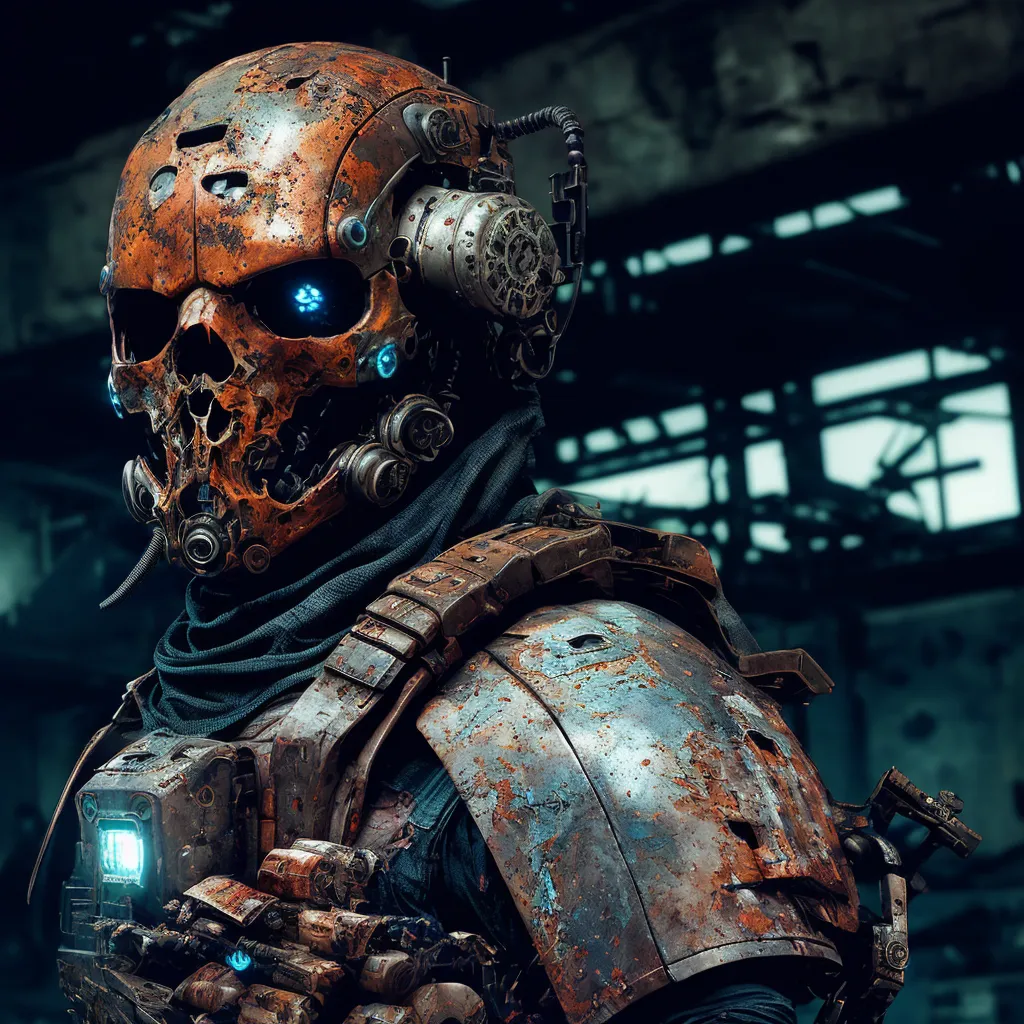 The image shows a post-apocalyptic soldier wearing a rusty metal helmet with a skull-like face and glowing blue eyes. The soldier is also wearing a tattered black scarf and a vest made of scrap metal. He is armed with a gun. The background is a dark and destroyed city.