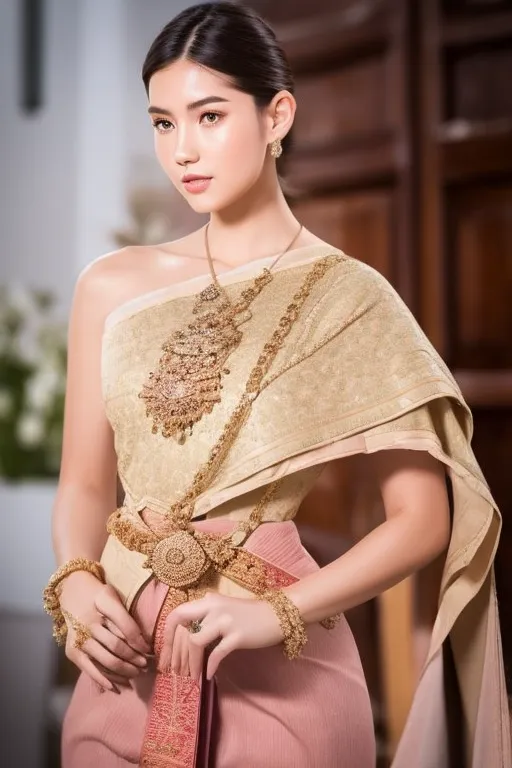 The image shows a young woman wearing a traditional Thai dress. The dress is a long, off-the-shoulder gown with a fitted bodice and a flared skirt. The bodice is made of a gold-colored fabric with intricate beading and embroidery, while the skirt is made of a pink-colored fabric with a floral pattern. The woman is also wearing a number of traditional Thai accessories, including a necklace, a belt, and a hairpiece. The necklace is made of gold and features a large pendant in the center. The belt is also made of gold and has a large buckle in the front. The hairpiece is made of gold and is worn in the woman's hair in a bun.