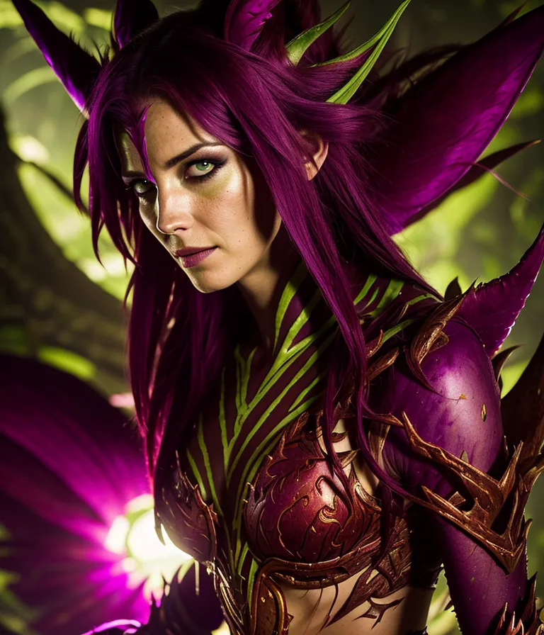 Esta imagen muestra a una mujer con el cabello morado, ojos verdes y orejas puntiagudas. Lleva un atuendo morado y verde que parece estar hecho de hojas y enredaderas. Tiene una expresión seria en el rostro y mira al espectador. Hay una luz brillante en el lado izquierdo de la imagen, que proyecta sombras sobre su cara y cuerpo. El fondo es oscuro y está desenfocado.