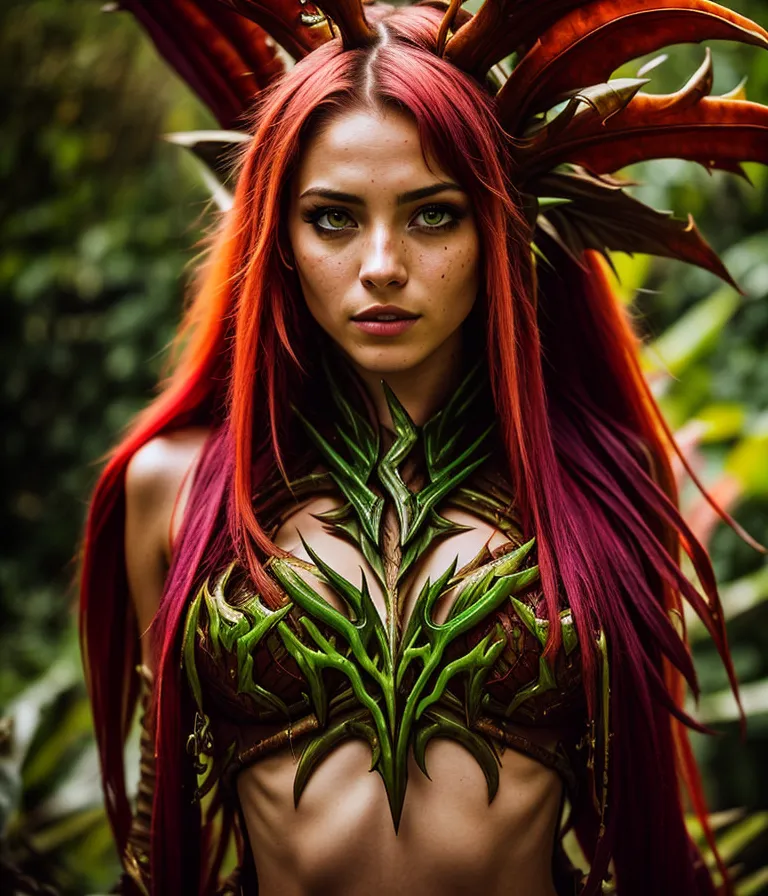 This image shows a woman, seemingly a forest spirit, with long red hair and green eyes. She is wearing a green and brown leaf-like breastplate and a headpiece made of branches and red leaves. She is standing in a lush green forest and looking at the camera with a serious expression.