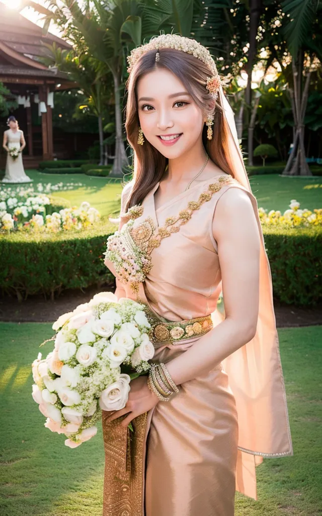 The image shows a young woman in a traditional Thai wedding dress. She is wearing a golden silk dress with a white sash and a long veil. The dress is decorated with intricate gold and floral embroidery. She is also wearing a traditional Thai headdress and jewelry. The woman is standing in a lush garden, surrounded by trees and flowers. She is holding a bouquet of white roses. The background of the image is blurred, but it looks like there is a traditional Thai house in the distance. The woman is smiling and looks happy and excited.