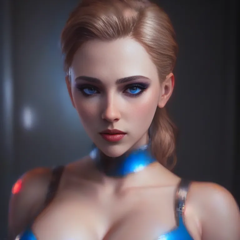 L'image montre une belle femme aux longs cheveux blonds et aux yeux bleus. Elle porte une tenue en latex bleu avec un col montant et un décolleté plongeant. La tenue a un éclat métallique et semble être faite d'un matériau avancé. L'expression de la femme est sérieuse et confiante. Elle a l'air sur le point de s'engager dans une activité dangereuse ou passionnante.