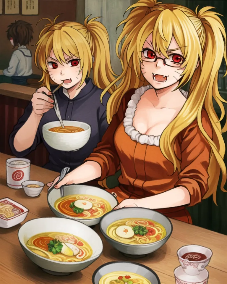 The image shows two women who look like they could be sisters. They both have long blond hair, red eyes, and sharp teeth. They are both wearing casual clothes, and they are both eating ramen. The woman on the left is wearing a black shirt and a gray skirt, and she has her hair in a ponytail. She is holding a pair of chopsticks in her right hand, and she is slurping the noodles from her bowl with her left hand. The woman on the right is wearing an orange sweater and glasses, and she has her hair down. She is also holding a pair of chopsticks in her right hand, and she is using her left hand to push her glasses up on her nose. There are four bowls of ramen on the table, and there are also two small plates with chopsticks on them. The background of the image is a restaurant, and there are other people sitting at tables in the background.