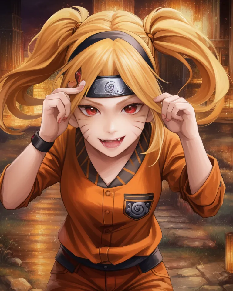 The image is of a young girl with long blonde hair and red eyes. She is wearing an orange jumpsuit with a white collar and a black forehead protector with the symbol of the Hidden Leaf Village. She is also wearing a black belt and a brown pouch on her right hip. She has a friendly smile on her face and is making a peace sign with her right hand. She is standing in a dark, rainy street with a stone building in the background.