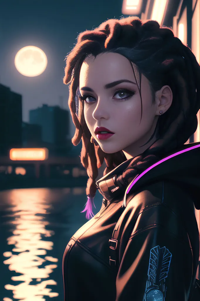 This is an image of a young woman with brown skin and dreadlocks. She is wearing a black leather jacket with purple highlights and a white shirt. She is standing in front of a city at night. There is a full moon in the sky and the city lights are reflected in the water. The woman is looking at the camera with a serious expression.