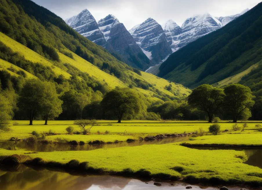 The image shows a beautiful mountain landscape with a river in the foreground. The mountains are covered in snow. The river is flowing through a valley. The valley is green and lush. There are some trees on the banks of the river. The sky is blue and there are some clouds in the sky.