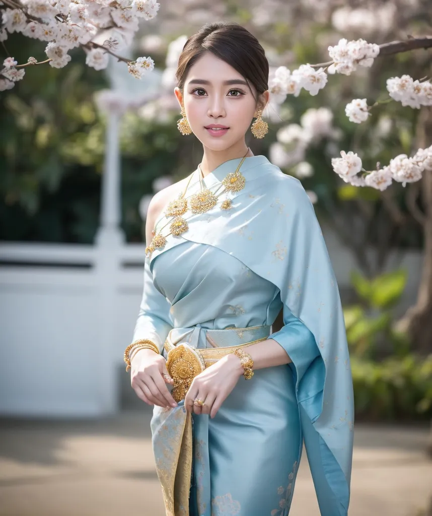 The image shows a young woman wearing a traditional Thai dress. The dress is light blue and off the shoulders, with a long skirt that is wrapped around her waist. She is also wearing a gold belt and a necklace with a large pendant. Her hair is up in a bun and she is wearing makeup. She is standing in a garden with white flowers and there is a traditional Thai house in the background.