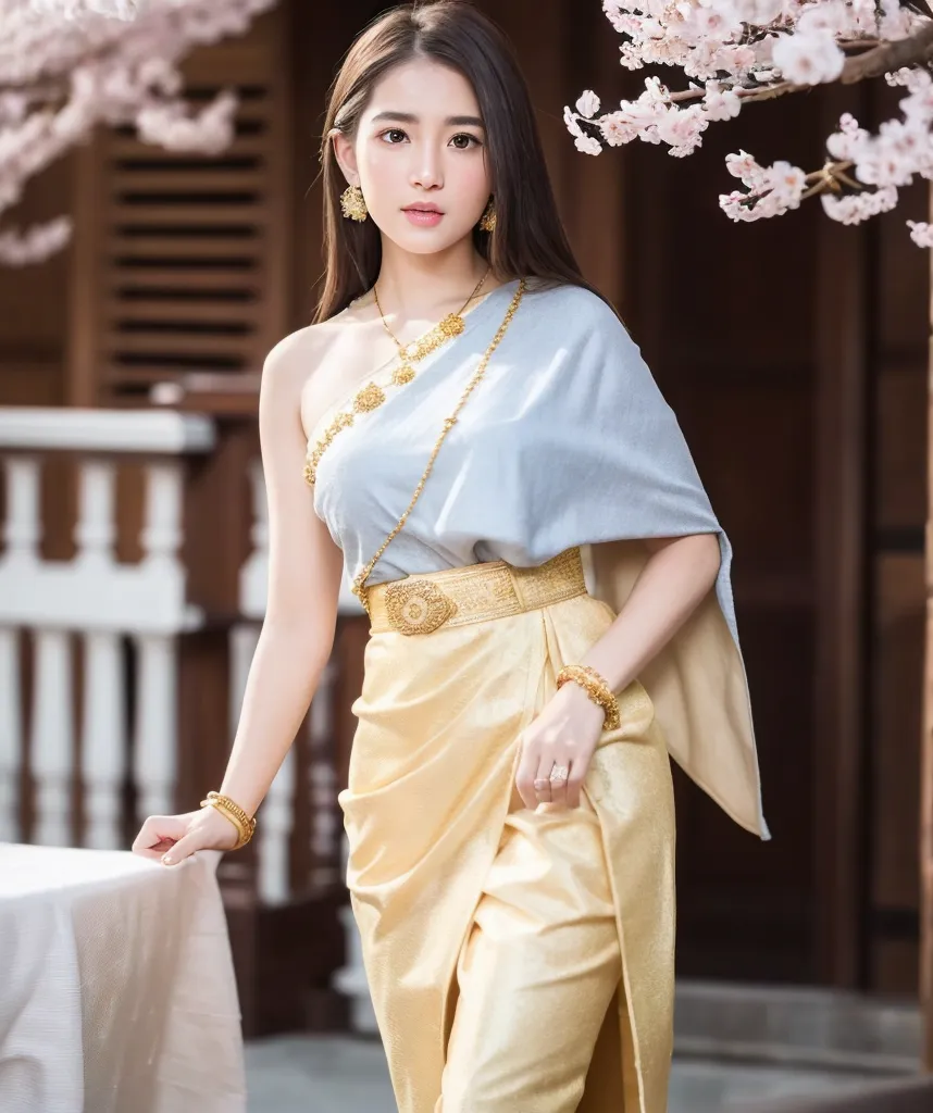 The image shows a young woman wearing a traditional Thai dress. The dress is a one-shoulder style, with a long skirt and a sash at the waist. The woman is also wearing a traditional Thai necklace and earrings. She is standing in a garden, with a tree in the background. The woman is looking at the camera with a smile on her face.