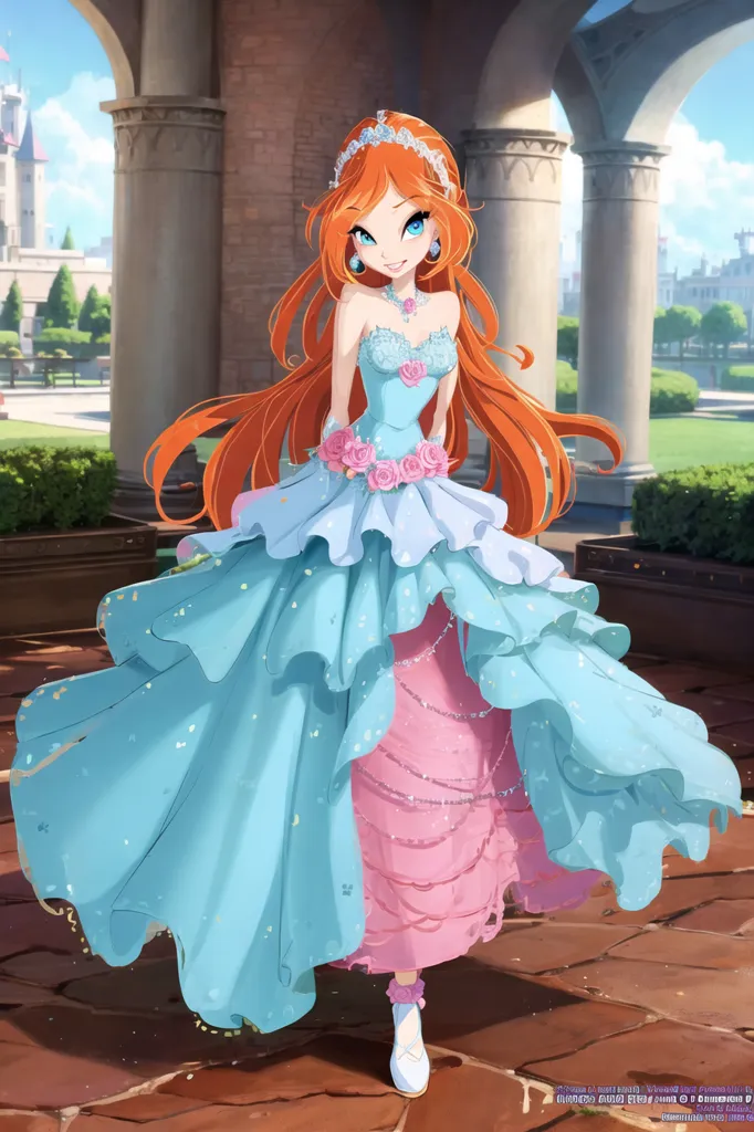 The image shows a girl in a blue and pink ball gown. The dress is off the shoulder and has a sweetheart neckline. The skirt is full and fluffy, with a floral design at the hem. The girl has long, orange hair and blue eyes. She is wearing a necklace and earrings. She is standing in a grand hall, with a marble floor and columns.