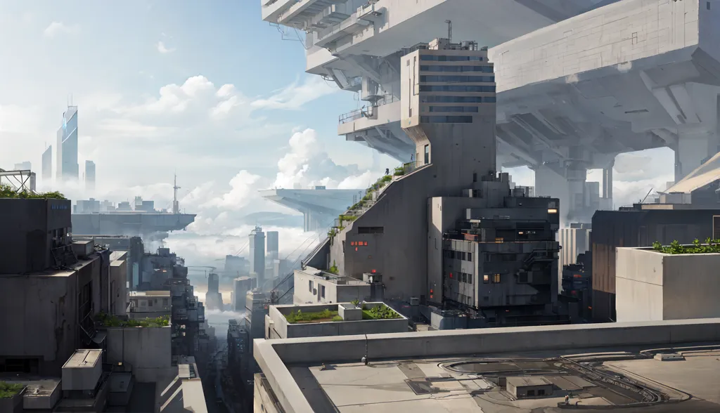 The image shows a futuristic city with tall buildings and a lot of greenery. The buildings are made of concrete and glass, and they have a lot of vegetation on them. The city is very dense, and it seems like there is a lot of activity going on. The sky is blue, and there are some clouds in the distance. There are large ships in the sky above the city, and the city appears to be built in a valley.