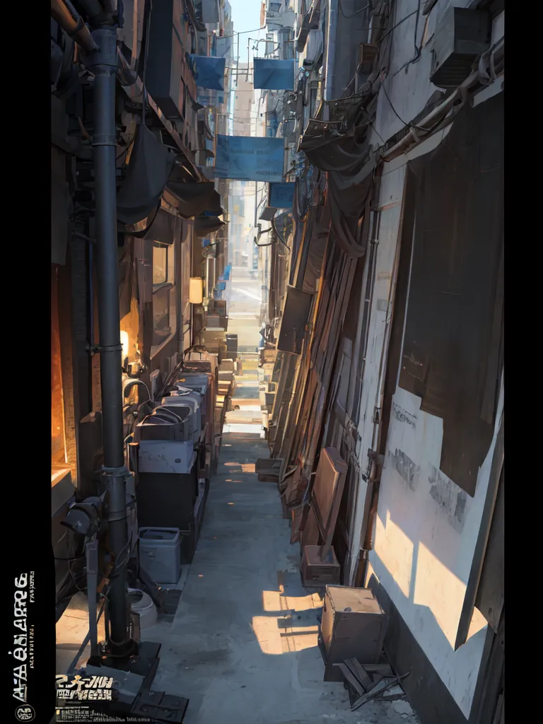 The image shows a narrow alleyway between two tall buildings. The alleyway is full of junk and debris, and the walls are covered in graffiti. There is a single light source at the end of the alleyway, which is casting long shadows. The alleyway is empty, except for a few stray cats.