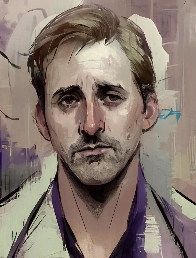 This image is a painting of a man's face. The man has short brown hair and brown eyes. He is wearing a white shirt and a purple tie. He has a mustache and a beard. He looks sad and tired. The background is a blur of light and dark colors.