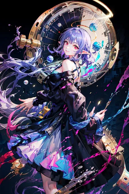 The image is a painting of a young woman with purple hair and blue eyes. She is wearing a black dress with a white collar and a purple cape. She is standing in front of a large clock, and she is holding a paintbrush in her right hand. The clock is made of gears and cogs, and it is surrounded by stars and planets. The woman is smiling, and she looks happy and carefree. The painting is done in a realistic style, and the colors are vibrant and bright.