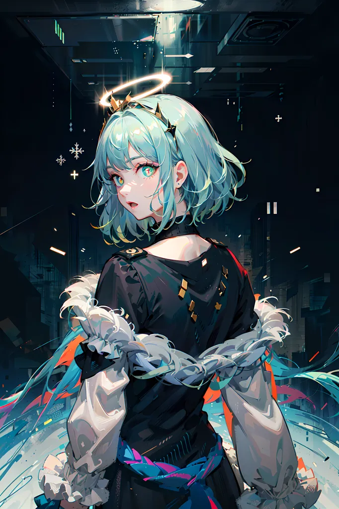 This is an image of an anime-style girl with short blue hair and green eyes. She is wearing a black and white outfit with a blue sash and a white cape. She is also wearing a crown and has a halo above her head. She is standing in a dark room with a bright light source in the background.