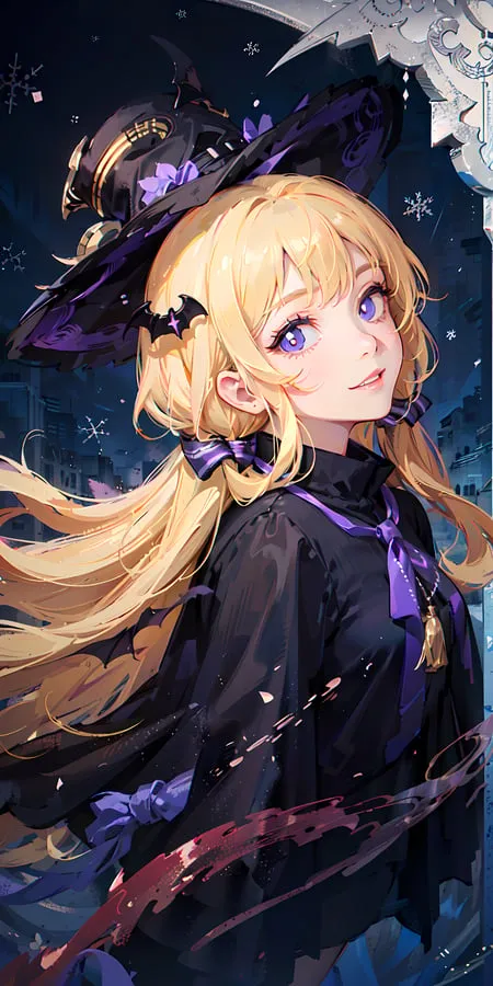 The image is a portrait of a young woman with long blonde hair and purple eyes. She is wearing a black witch hat with a purple band and a long black dress with a purple sash. She has a friendly smile on her face and is looking at the viewer. The background is a dark blue night sky with a few stars and bats flying around.