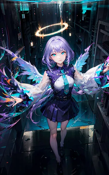 The image is a painting of a young woman with purple hair and blue eyes. She is wearing a white and purple dress with a blue tie. She has a halo above her head and is surrounded by colorful wings made of feathers and technology. She is standing in a dark room with blue lights on the walls.