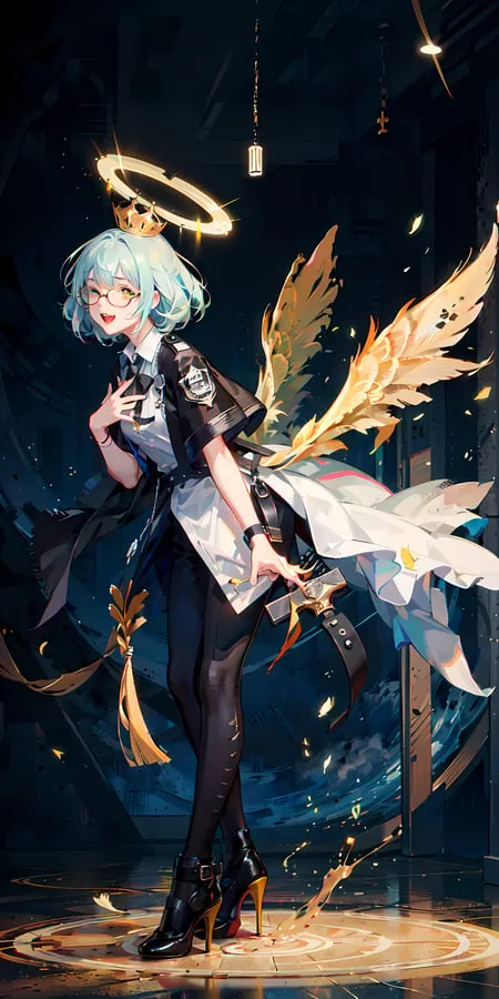 The image is of an anime girl with short green hair and blue eyes. She is wearing a white shirt, black vest, and black stockings. She has a golden halo above her head and golden wings on her back. She is also wearing a pair of glasses. She is standing in a dark room with a blue light shining on her.