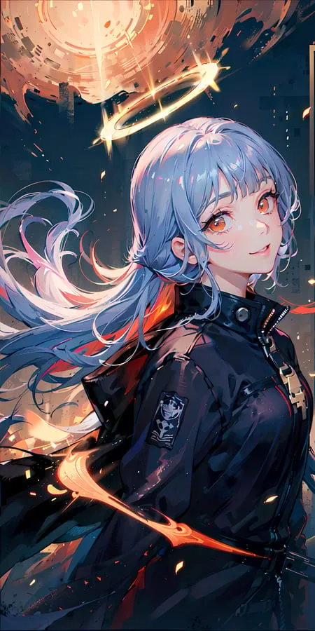 This is an illustration of a young woman with long blue hair and orange eyes. She is wearing a black jacket with a white shirt underneath. She has a halo above her head and there is a bright light in the background. She is smiling and looks happy.