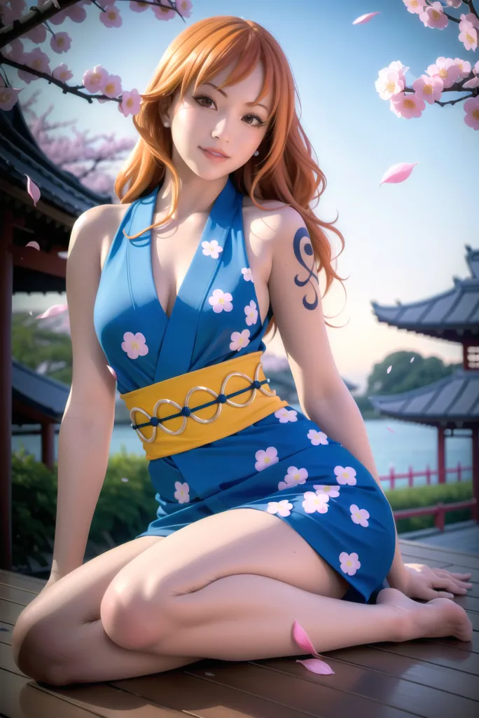 The picture shows a young woman with long orange hair sitting on a wooden floor. She is wearing a blue dress with white flowers and a yellow obi. She has a tattoo on her left arm. There are cherry blossom petals falling around her. In the background, there is a traditional Japanese house.