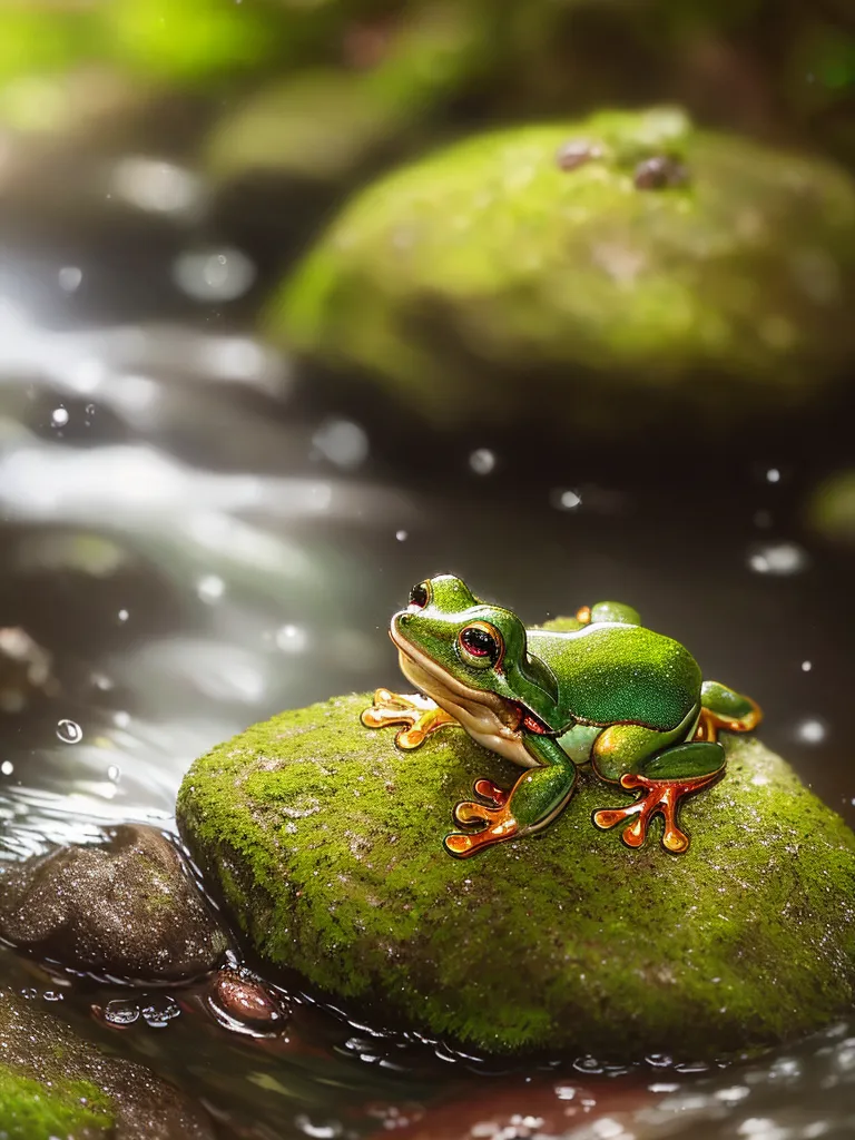 A bright green frog with red and yellow-webbed feet is sitting on a mossy rock in a stream. The frog is looking to the right of the frame. The background is blurred, but there are some rocks and green moss visible. The water in the stream is clear and has some small bubbles on the surface.