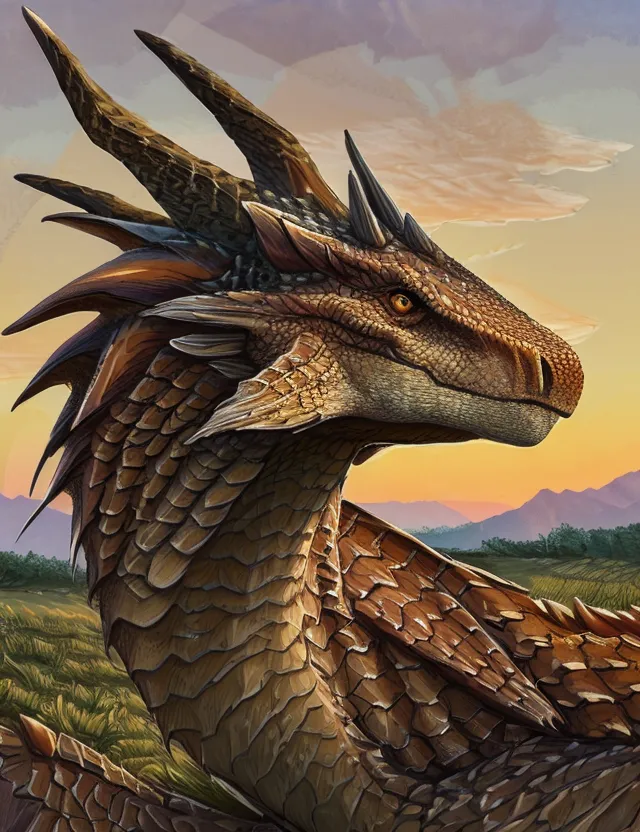 The image is a digital painting of a dragon. The dragon is brown and has a long, serpentine body. It is standing in a grassy field, and there are mountains in the background. The dragon is looking to the right of the frame, and its eyes are narrowed. Its wings are folded against its back, and its tail is curled up behind it. The dragon's scales are a dark brown color, and its belly is a lighter brown color. The dragon's head is long and narrow, and it has a prominent snout. Its eyes are yellow, and its teeth are sharp. The dragon's wings are large and leathery, and they are a dark brown color. The dragon's tail is long and muscular, and it is covered in scales.