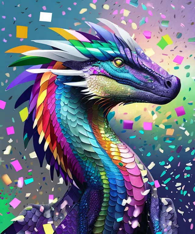 L'image est une peinture numérique d'un dragon. Le dragon fait face au spectateur et a la bouche fermée. Il a un corps long et serpentin avec des écailles iridescentes et une crête emplumée sur la tête. Les ailes du dragon sont repliées contre son corps. L'arrière-plan est un flou de couleurs pastel.