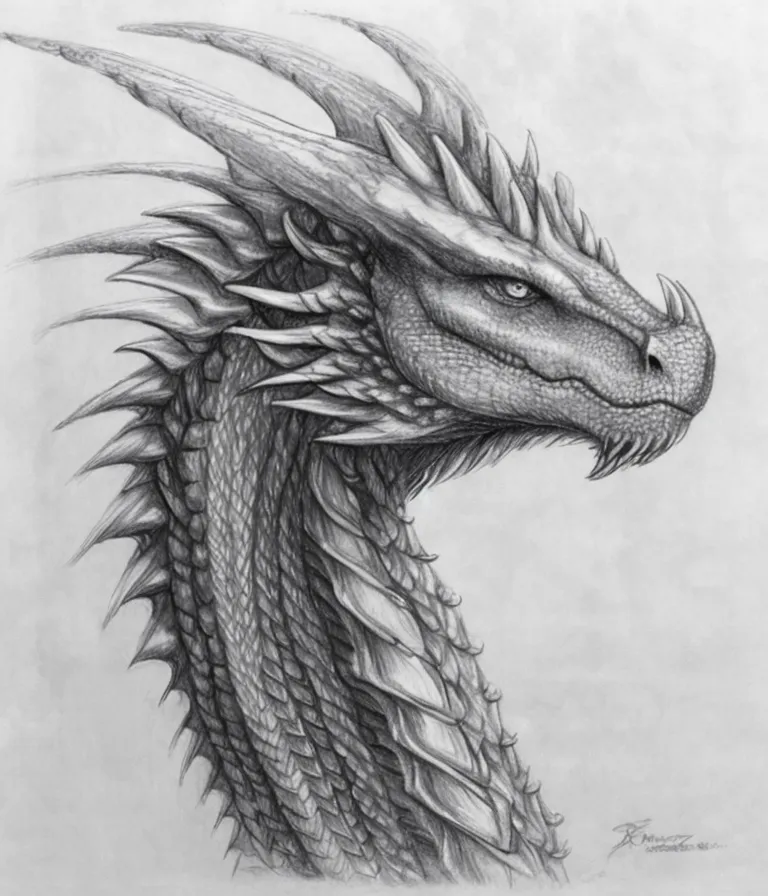 L'image est un dessin au crayon de la tête d'un dragon. Le dragon a la tête tournée vers la gauche du spectateur. Il a de grands yeux espacés et un long museau en forme de groin. Sa bouche est fermée et ses dents ne sont pas visibles. La tête du dragon est recouverte d'écailles et a une longue crinière hérissée courant le long de son dos. Le dessin est en noir et blanc et est très détaillé.