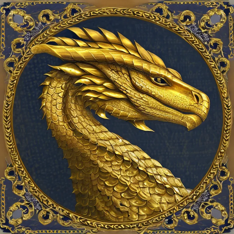 L'image représente la tête d'un dragon doré sur un fond bleu avec un cadre doré aux détails bleus et violets. La tête du dragon est tournée vers la gauche du spectateur et a une expression fière sur son visage. Les écailles du dragon sont grandes et brillantes, et ses yeux sont d'un bleu profond. Le cadre est composé de motifs complexes et a un fond bleu avec des bords violets. L'image est entourée d'un fond bleu foncé avec une bordure dorée.