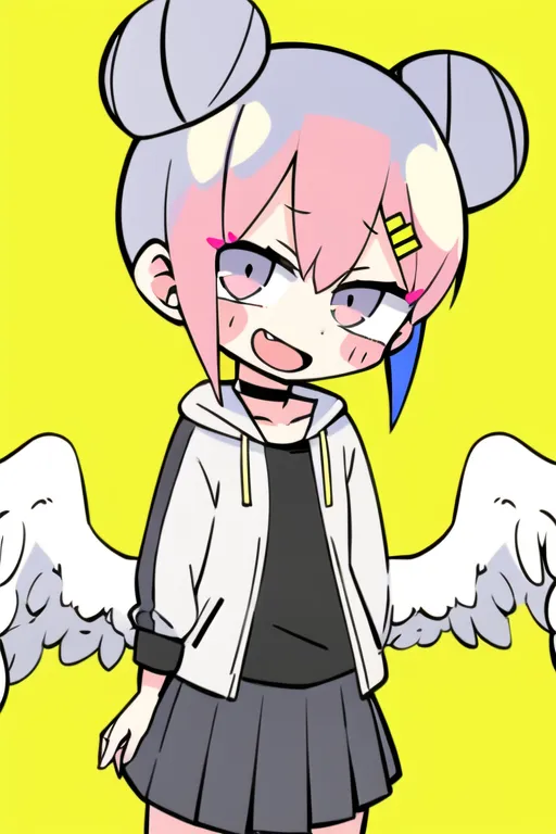 The image contains a chibi anime girl with pink and blue hair styled in twin buns. She is wearing a white hoodie, a black t-shirt, a gray skirt, and white sneakers. She also has angel wings and a choker. The background is yellow.