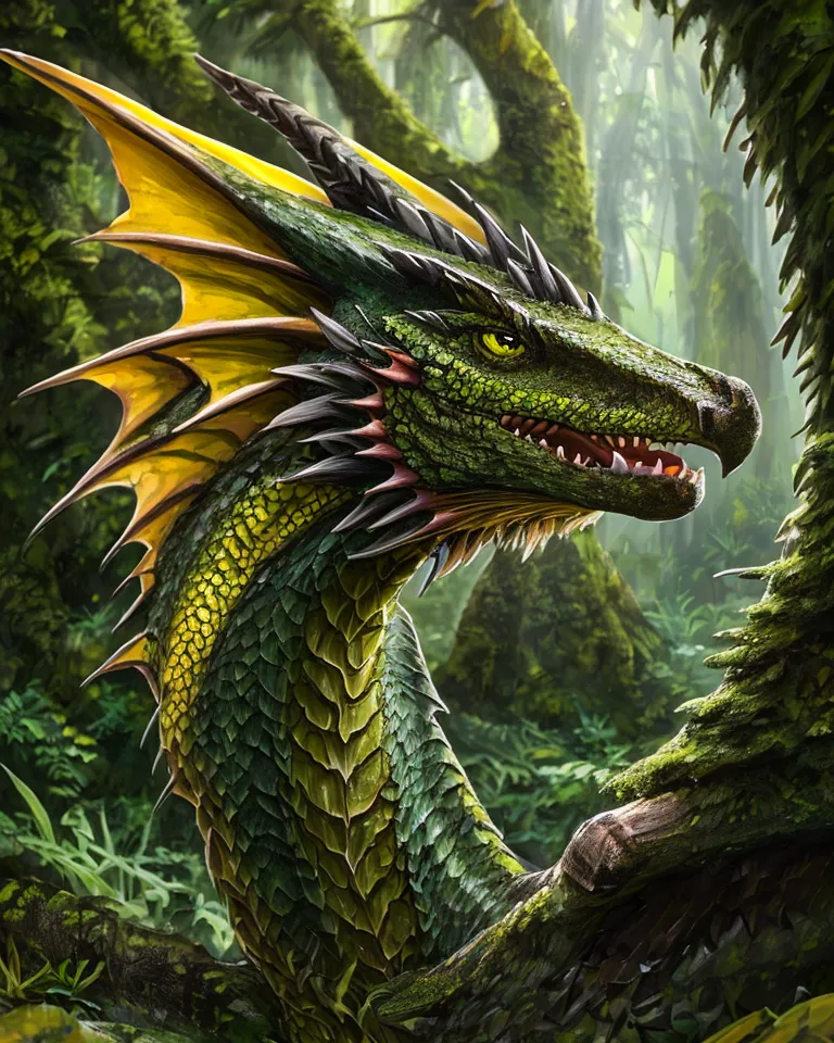 The image is a digital painting of a green dragon in a forest. The dragon is standing on a thick branch, its wings folded behind it. The dragon is looking to the right of the frame, its eyes narrowed. The forest is dark and gloomy, with tall trees and thick underbrush. The only light comes from a few small moonbeams shining through the trees. The dragon is a powerful and dangerous creature, and it is clear that it is not afraid to use its strength to protect itself.