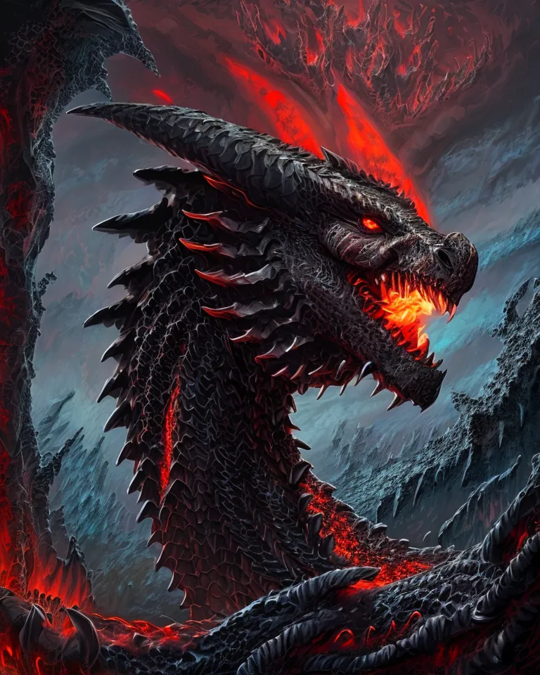 The image is a digital painting of a black dragon. The dragon is standing on a rocky cliff, with a volcano erupting in the background. The dragon is breathing fire, and its eyes are glowing red. The dragon is very muscular and has a long, spiked tail. Its wings are folded against its back. The painting is very detailed, and the dragon's scales are individually visible. The background is dark and stormy, with clouds swirling around the dragon.