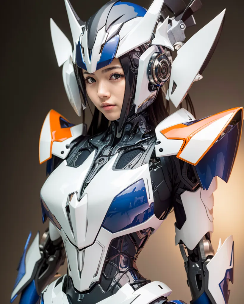 The image shows a young woman standing in a futuristic suit of armor. The armor is white, blue, and orange, and has a sleek, aerodynamic design. The woman has long black hair and blue eyes, and she is looking at the viewer with a confident expression. She is standing with her feet shoulder-width apart and her arms crossed in front of her chest. The armor has a variety of technological details, including lights, vents, and a variety of mechanical components.