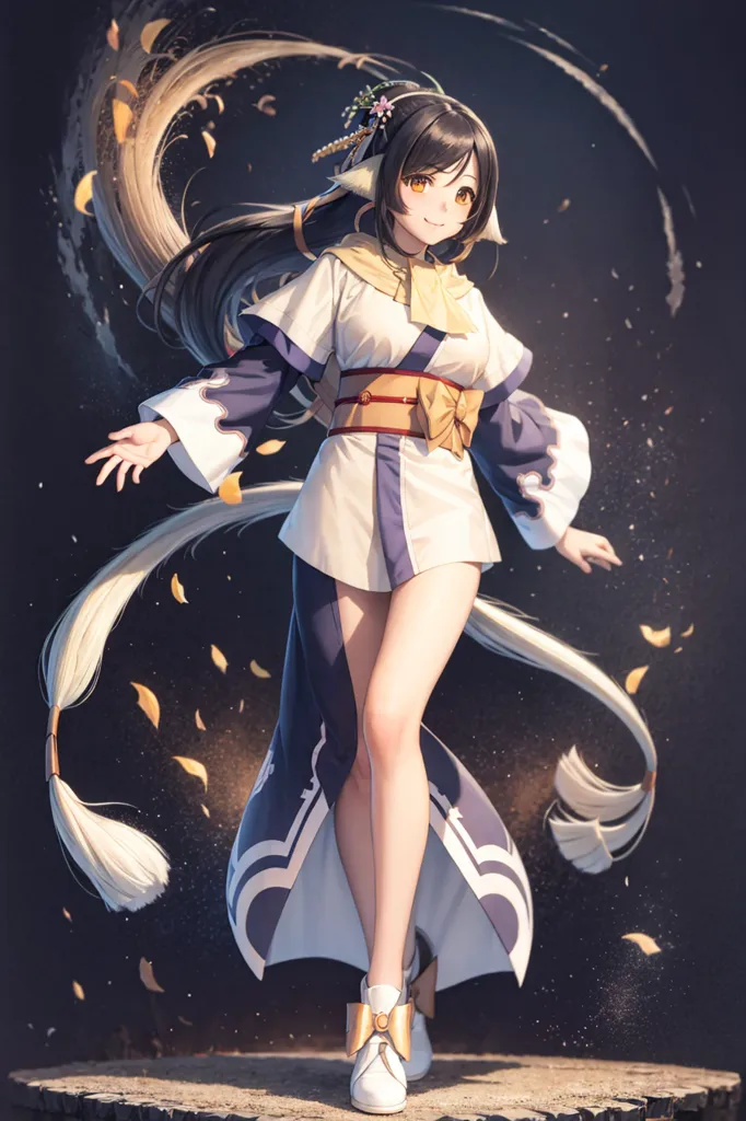 The image shows an anime-style girl with long black hair and brown eyes. She is wearing a white and blue kimono with a yellow obi. She is also wearing white socks and brown shoes. She is standing on a rock in front of a dark background. There are yellow leaves falling around her. The girl is smiling and has her arms outstretched.