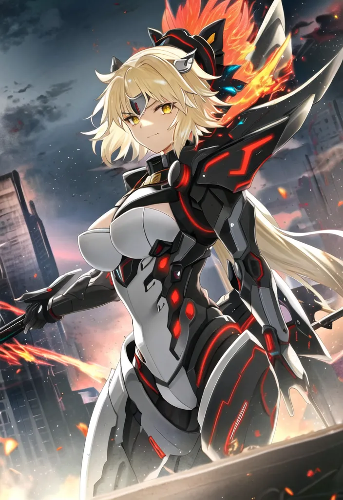 The image shows a female character with long blonde hair and yellow eyes. She is wearing a white and black bodysuit with red details. The bodysuit has a high collar and a plunging neckline. She is also wearing a pair of black boots and a pair of black gloves. The character is standing in a city, and there are buildings and explosions in the background. She is holding a large sword in her right hand. The sword has a red blade and a black hilt. The character is looking at the viewer with a determined expression on her face.