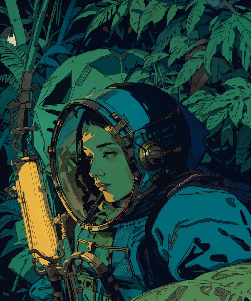 The image is of an astronaut wearing a blue spacesuit with a clear bubble helmet. The astronaut is standing in a lush green jungle, and there are plants and leaves all around. The astronaut is looking to the right of the frame, and their face is partially obscured by the helmet. The image is highly detailed, and the artist has used a variety of colors to create a sense of depth and realism.
