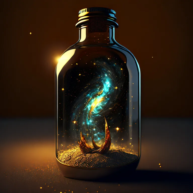 The image is of a glass bottle containing a galaxy. The bottle is sitting on a dark surface. There is a bright light coming from the bottle. The galaxy is blue and purple. There are stars in the galaxy. There is a golden crescent moon at the bottom of the bottle.