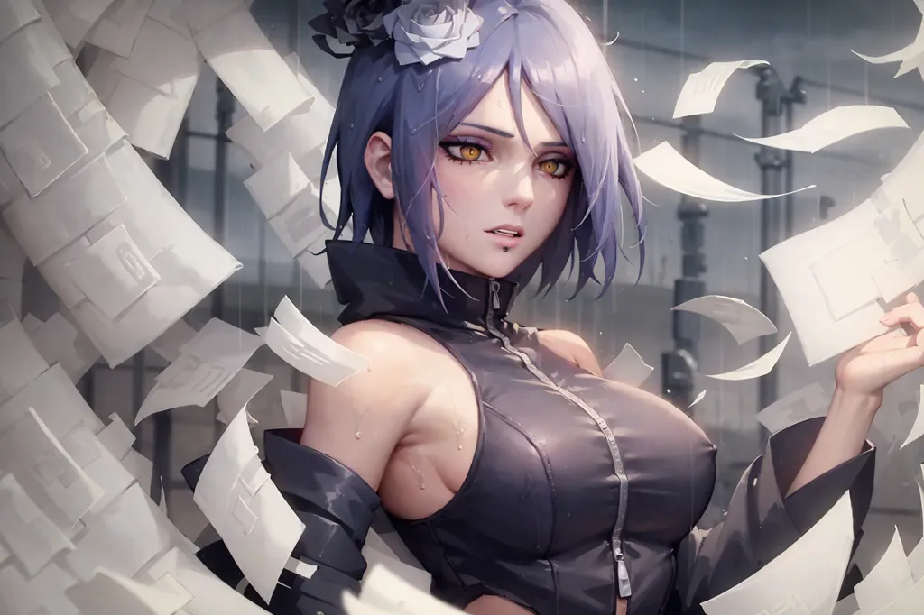 The image is of a young woman with purple hair and yellow eyes. She is wearing a black leather outfit with a white rose in her hair. She is standing in a dark room with paper scraps falling around her. The woman has a serious expression on her face. She is looking at the viewer with her left hand holding a piece of paper.