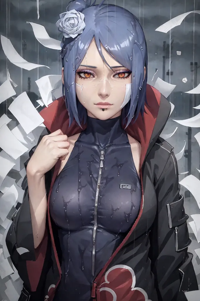 The image is of a young woman with blue hair and orange eyes. She is wearing a black and red bodysuit with a high collar and a zipper down the front. The bodysuit is wet and clinging to her body. She has a white rose in her hair and a kunai pouch strapped to her thigh. She is standing in a dark, rainy environment with paper scraps falling around her.