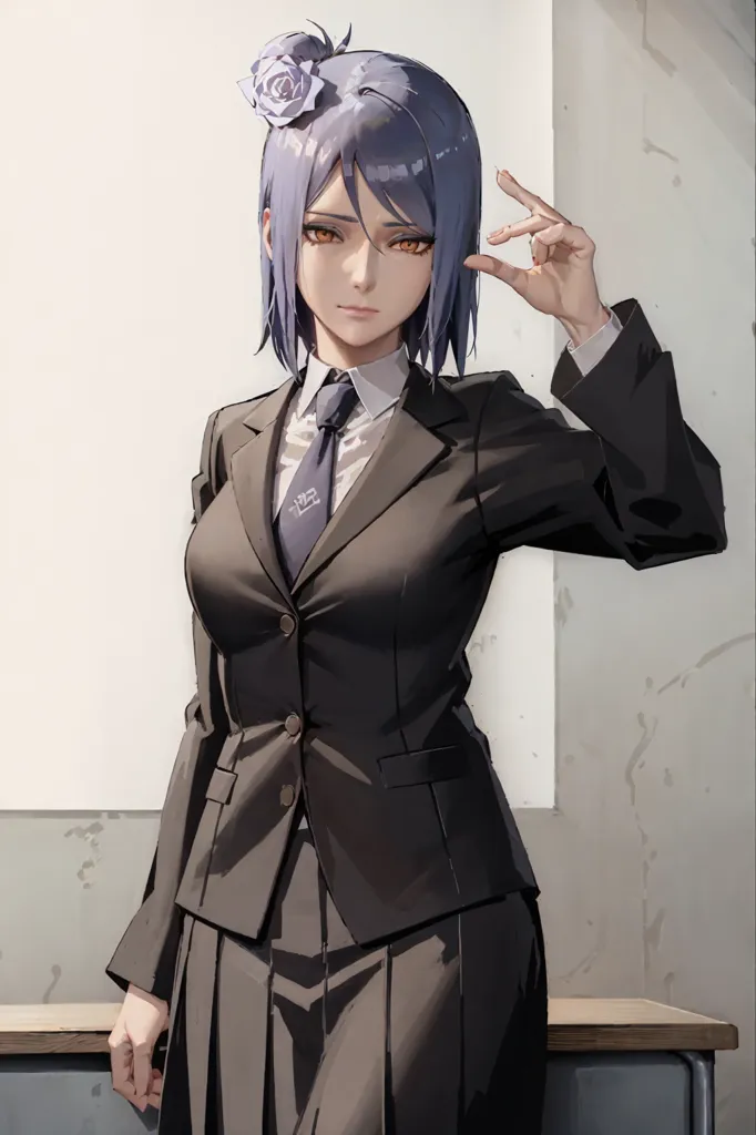 The image shows a young woman with purple hair and orange eyes. She is wearing a white dress shirt, a black suit jacket, and a gray skirt. She has a black tie with a white rose on it. Her hair is short and styled with a rose on the left side of her head. She is standing with her left hand on her hip and her right hand in the air. She has a serious expression on her face.