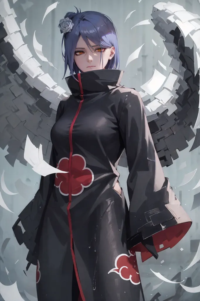 Esta imagen muestra a una kunoichi de la serie de anime Naruto. Tiene el cabello morado y los ojos naranjas, y lleva una capa negra y roja del Akatsuki. También tiene una rosa blanca en el cabello. Está de pie en un ambiente oscuro y lluvioso.