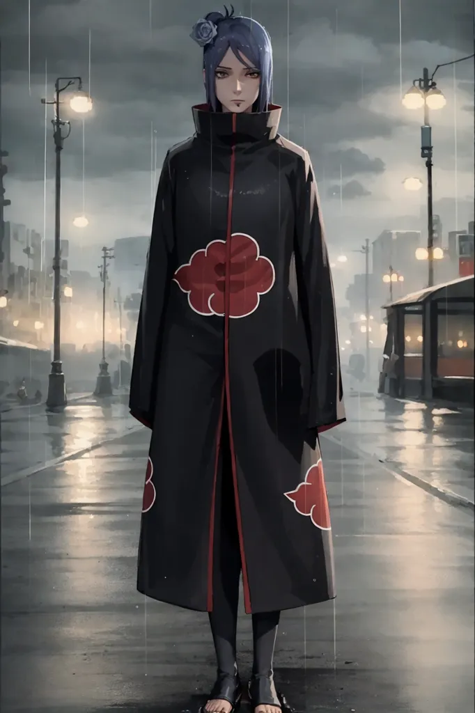 The image is of a young woman with purple hair and black eyes. She is wearing a black coat with red clouds on it. She is standing in a dark and rainy street. The street is lit by streetlights. The woman is looking at the camera with a serious expression.