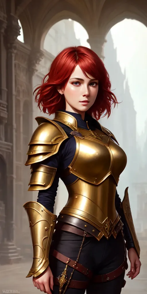 This is an image of a woman in armor. She is wearing a golden breastplate and a black and gold skirt. She has red hair and blue eyes. She is standing in a confident pose. There are marble columns in the background.