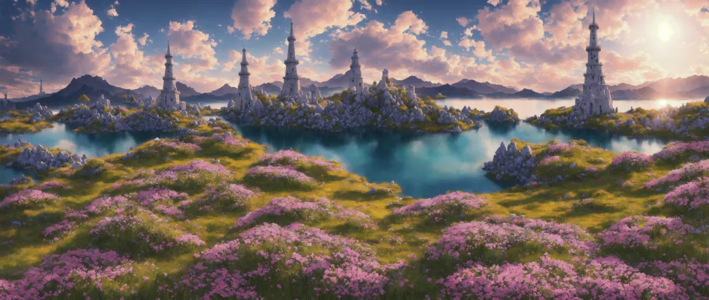 The image is a wide landscape of a fantasy world. There are several rocky islands in the foreground, covered in pink flowers and green grass. The islands are surrounded by a large body of water, with more islands in the distance. The sky is blue and cloudy, with a few rays of sunlight breaking through the clouds. There are several tall towers on the islands, made of white stone. The towers are surrounded by smaller buildings and structures.