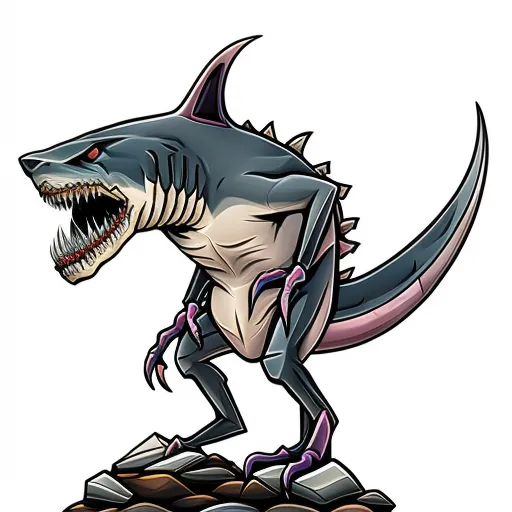 The image shows a cartoon shark with sharp teeth and claws. It has a long tail and a fin on its back. The shark is standing on a rock and is looking to the left. The shark is colored blue and gray with purple claws and a pink fin.