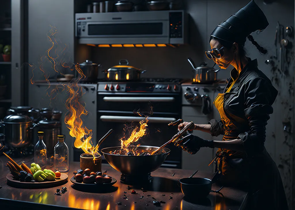 A imagem mostra uma cozinha moderna com uma mulher usando um chapéu de chef e óculos de proteção cozinhando. Ela está em pé em frente a um fogão e há uma panela grande no fogão que está em chamas. A mulher está segurando um maçarico e o está usando para acender o fogo. Também há várias tigelas e pratos no balcão, e há ingredientes como vegetais e especiarias no balcão. A mulher está usando um jaleco de chef preto e um avental amarelo, e ela tem o cabelo preso em um coque. Ela também está usando um par de óculos de proteção. A cozinha é moderna e tem eletrodomésticos de aço inoxidável. A imagem é escura e dramática, e fica claro que a mulher é uma chef habilidosa que é apaixonada pelo seu trabalho.