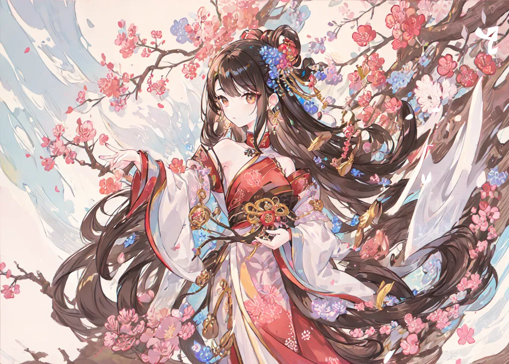 The image is a painting of a young woman in a red and white kimono standing in a forest of cherry blossoms. The woman has long brown hair and brown eyes. She is wearing a traditional Chinese dress with a red and white floral pattern. The dress has a long skirt and a short jacket with a V-neckline. The woman is also wearing a white obi sash around her waist. The cherry blossoms are pink and white and are in full bloom. The woman is standing on a grassy hill and there are mountains in the background. The image is very detailed and the colors are vibrant. The image is a beautiful depiction of a young woman in a traditional Chinese dress enjoying the beauty of nature.