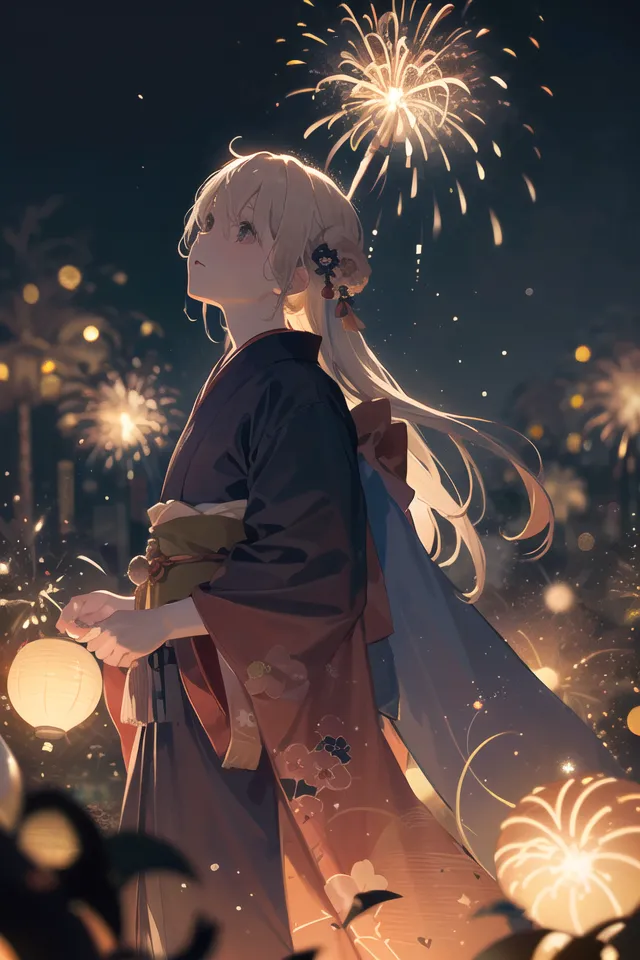 La imagen es una hermosa chica de anime con el cabello rubio largo que lleva un kimono. Está de pie en un campo de flores, sosteniendo una linterna en sus manos. El cielo está oscuro y los fuegos artificiales estallan a lo lejos. La chica mira hacia arriba a los fuegos artificiales con una expresión serena en su rostro. La imagen es pacífica y tranquilizadora, y captura la belleza de la noche de verano.