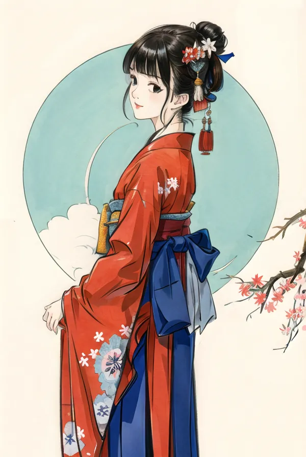 The picture shows a young woman in a red kimono with a floral pattern. The kimono is tied with a blue obi sash. The woman has long black hair tied in a bun with a white flower hairpin. She is standing in front of a blue circle with clouds. There is a cherry blossom branch on the right side of the picture. The woman is smiling.