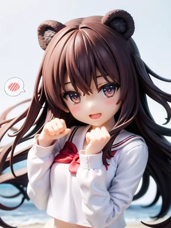 The image shows an anime-style girl with long brown hair and brown bear ears. She is wearing a white shirt and a red bow. She has a happy expression on her face and is looking at the viewer with her brown eyes. She is standing in a beach setting with the ocean behind her.