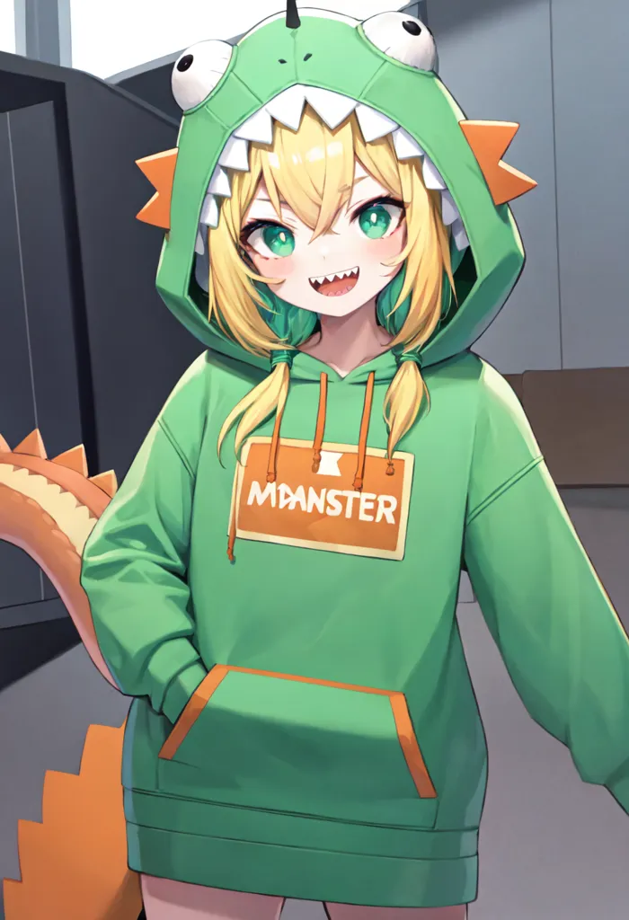 The image shows a young woman with long blonde hair and green eyes. She is wearing a green hoodie with a dinosaur hood. The dinosaur hood has a smiling face with sharp teeth. The hoodie also has a pocket on the front with the word "Monster" written on it. The woman is standing in a room with a white wall behind her.